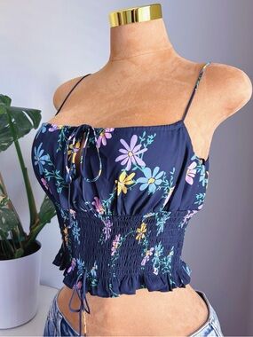 Love & Lemons Navy Floral Smocked Tie Front Crop Top